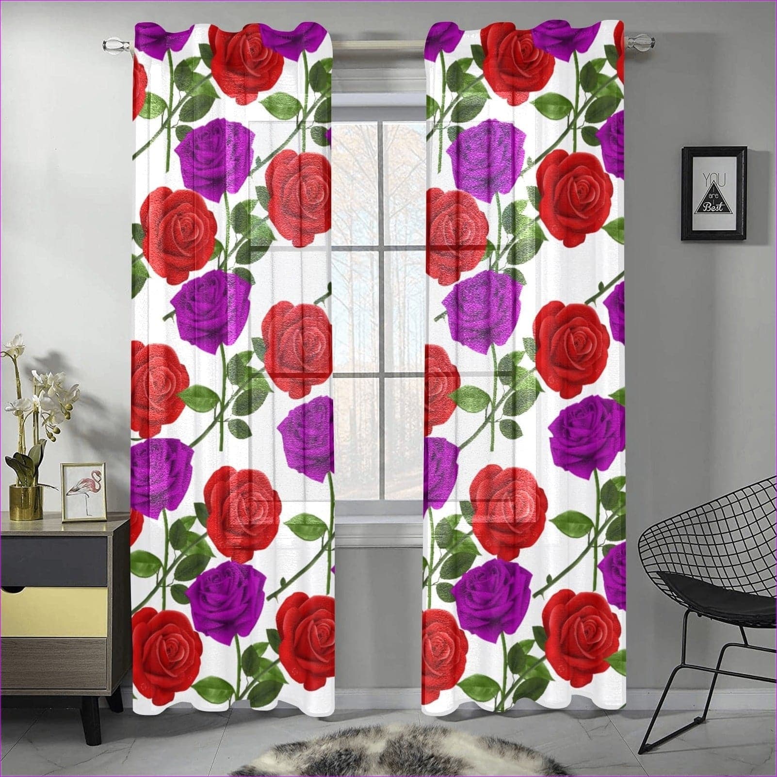 One Size red rose purp - Black Gauze Curtain 28"x84" (Two Pieces) - Red Rose Purp Gauze Curtain 28"x84" (Two Pieces) - Window Curtains at TFC&H Co.