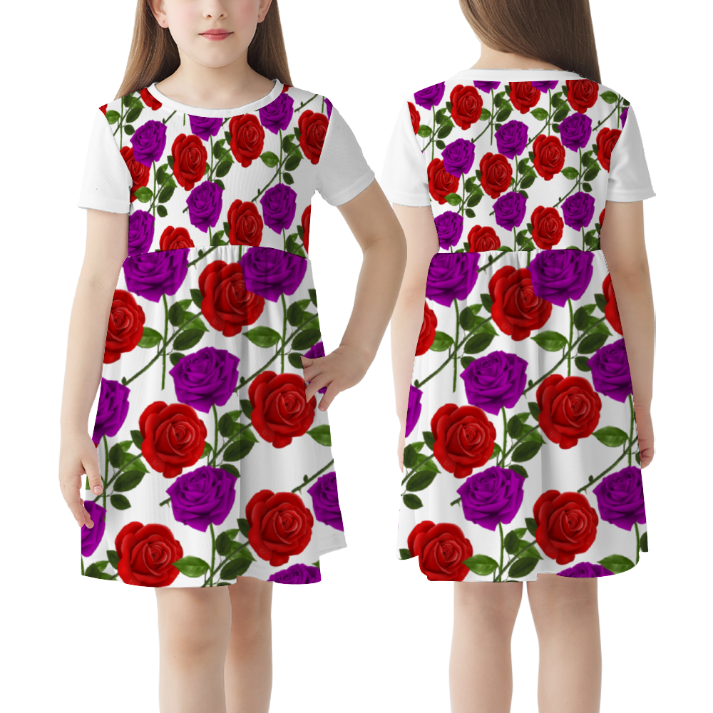 4XL (12) - Red Rose Purp Girls Fashion Short Sleeve Skater Dress - girls dress at TFC&H Co.