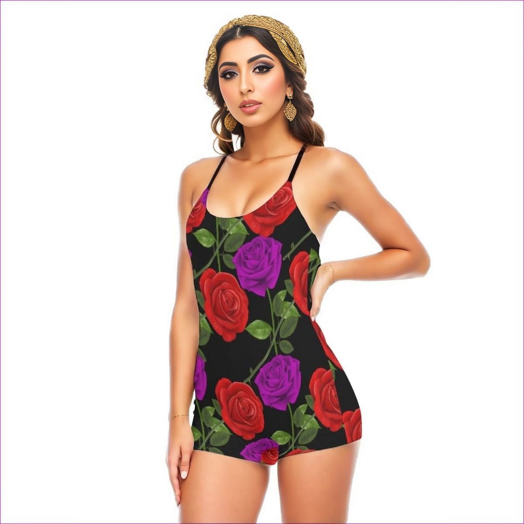 - Red Rose Purp Women's Backless Romper With Black Straps - womens romper at TFC&H Co.