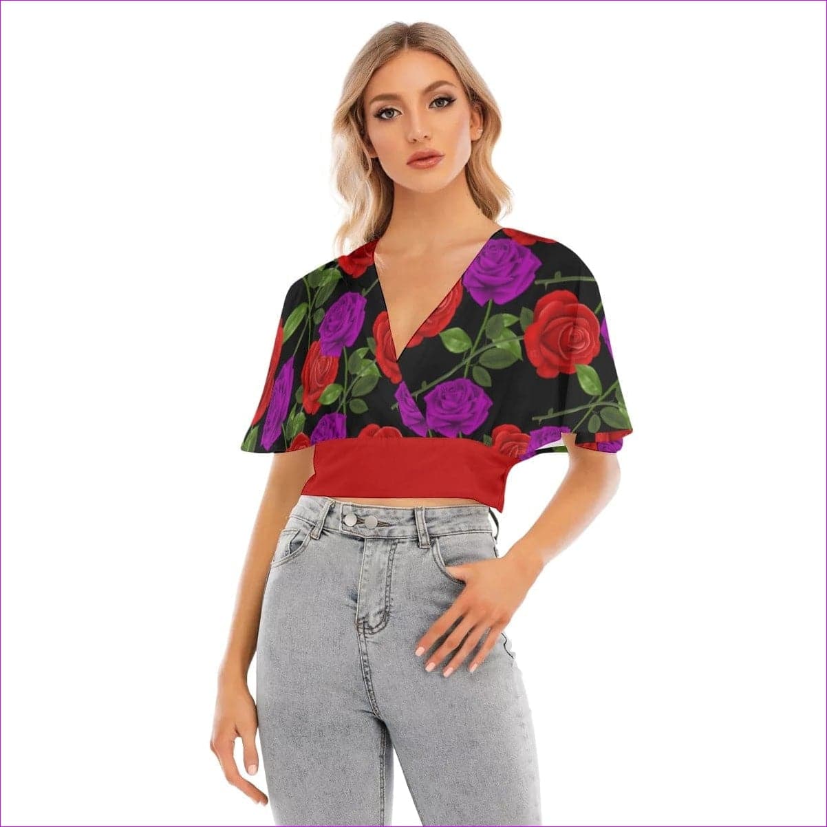 Black - Red Rose Purp Women's Bat Sleeve Crop Top - womens blouse at TFC&H Co.
