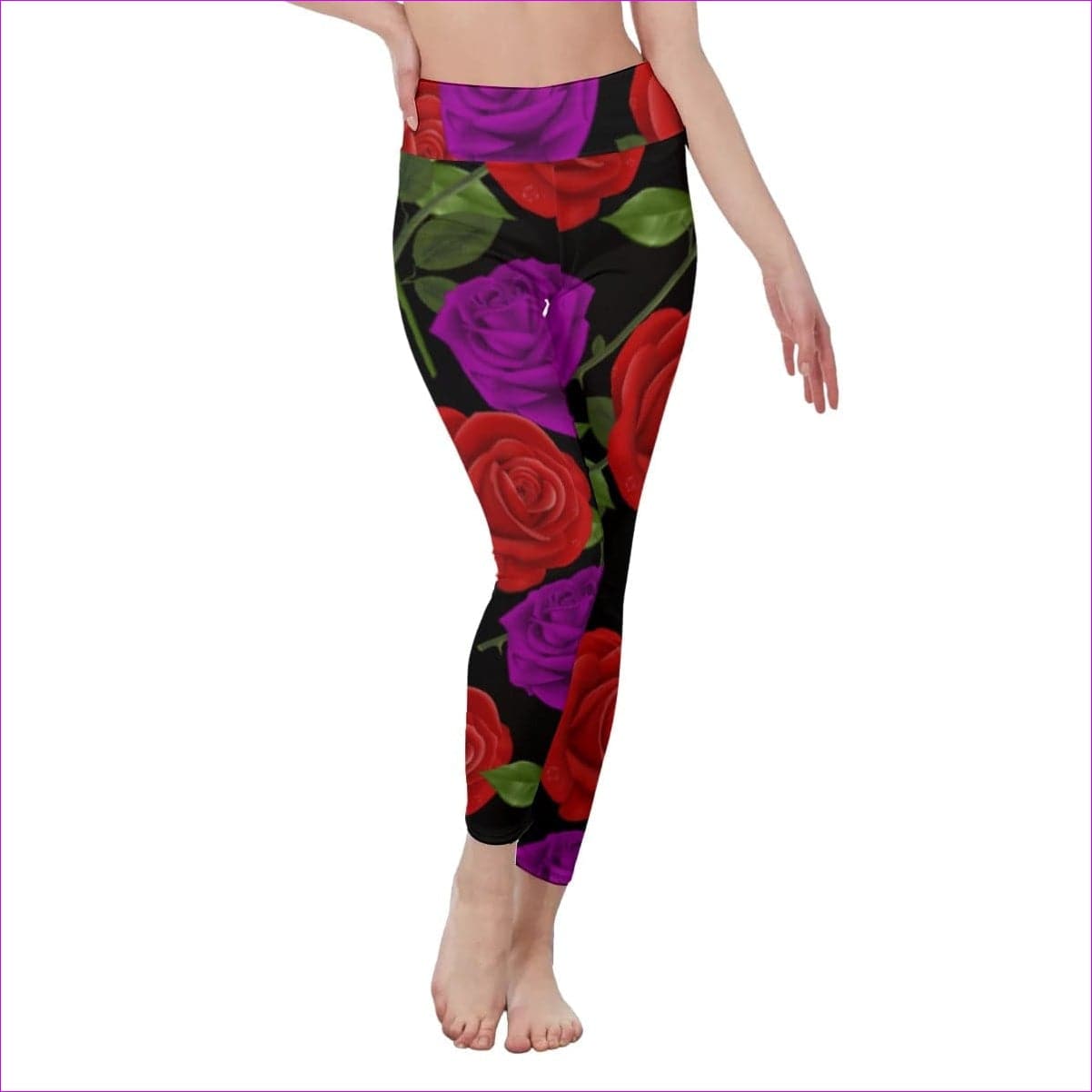 - Red Rose Purp Women's Black High Waist Leggings | Side Stitch Closure - womens leggings at TFC&H Co.