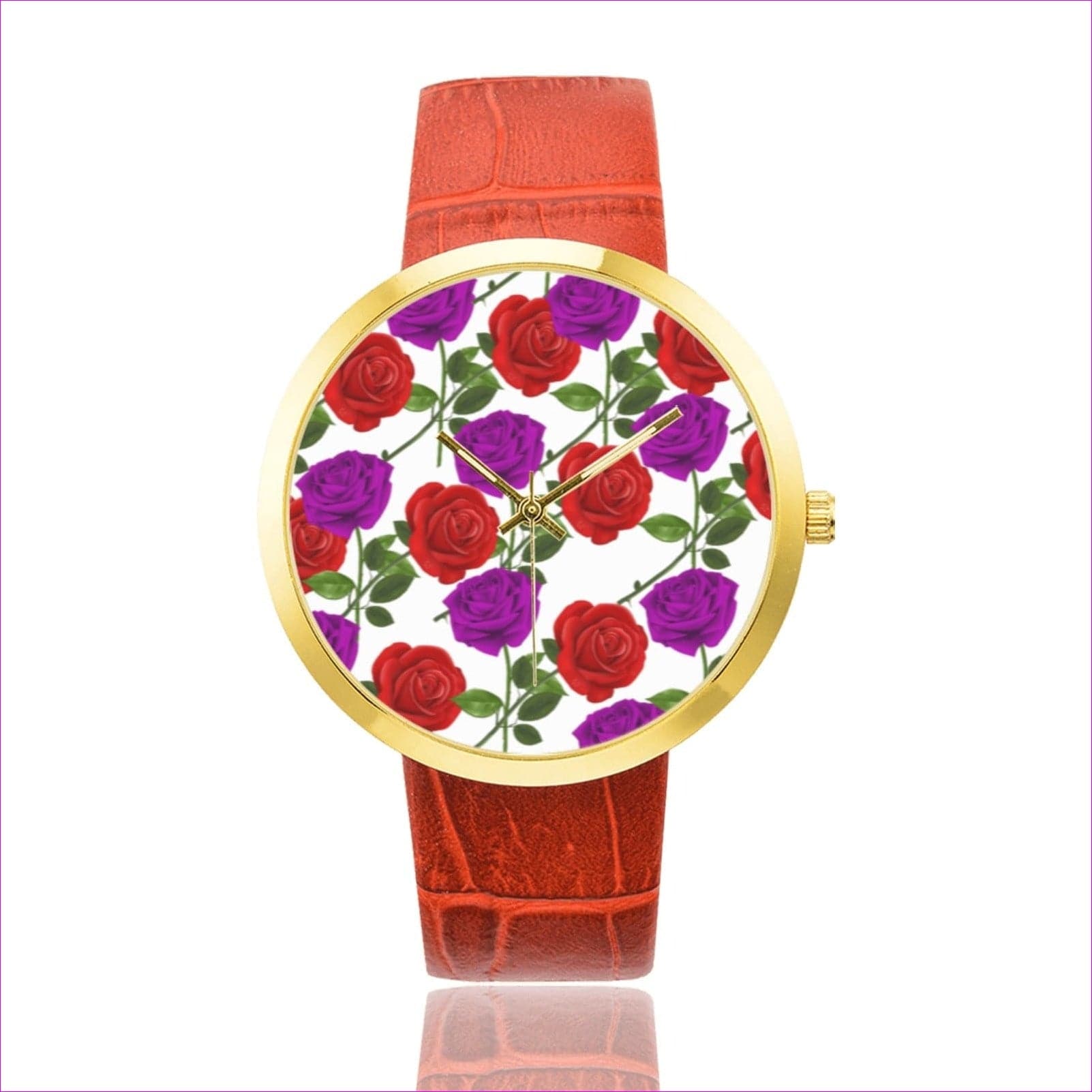 One Size red rose purp Women's Golden Leather Strap Watch (Model 212) - Red Rose Purp Women's Golden Leather Strap Watch - watch at TFC&H Co.