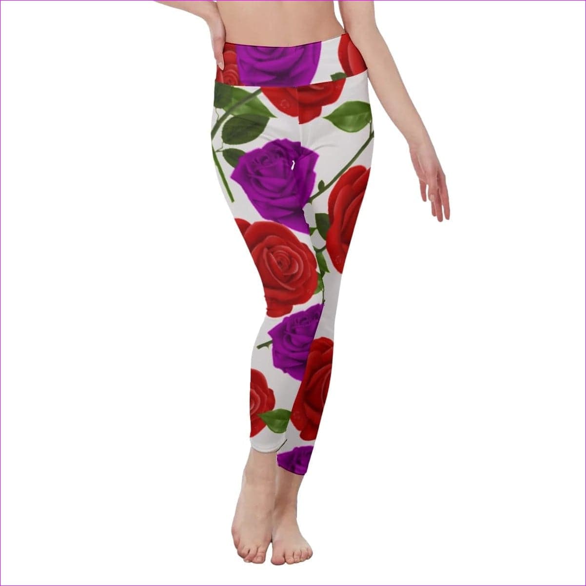 White - Red Rose Purp Women's High Waist Leggings | Side Stitch Closure - womens leggings at TFC&H Co.