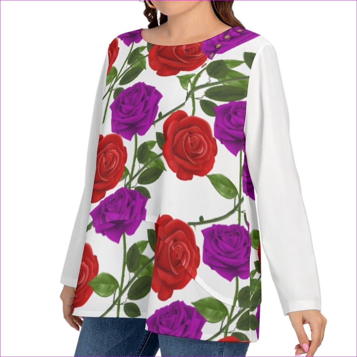 Red Rose Purp Women’s O-neck T-shirt With Decorative Buttons Voluptuous (+) Plus Size - women's top at TFC&H Co.