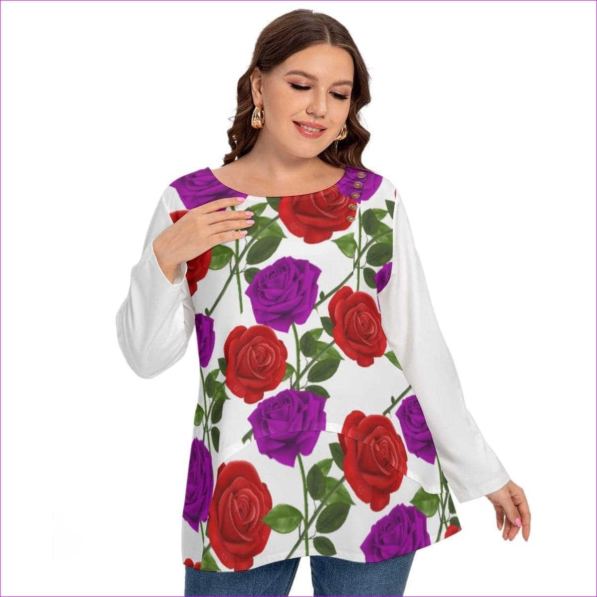 White Red Rose Purp Women’s O-neck T-shirt With Decorative Buttons Voluptuous (+) Plus Size - women's top at TFC&H Co.