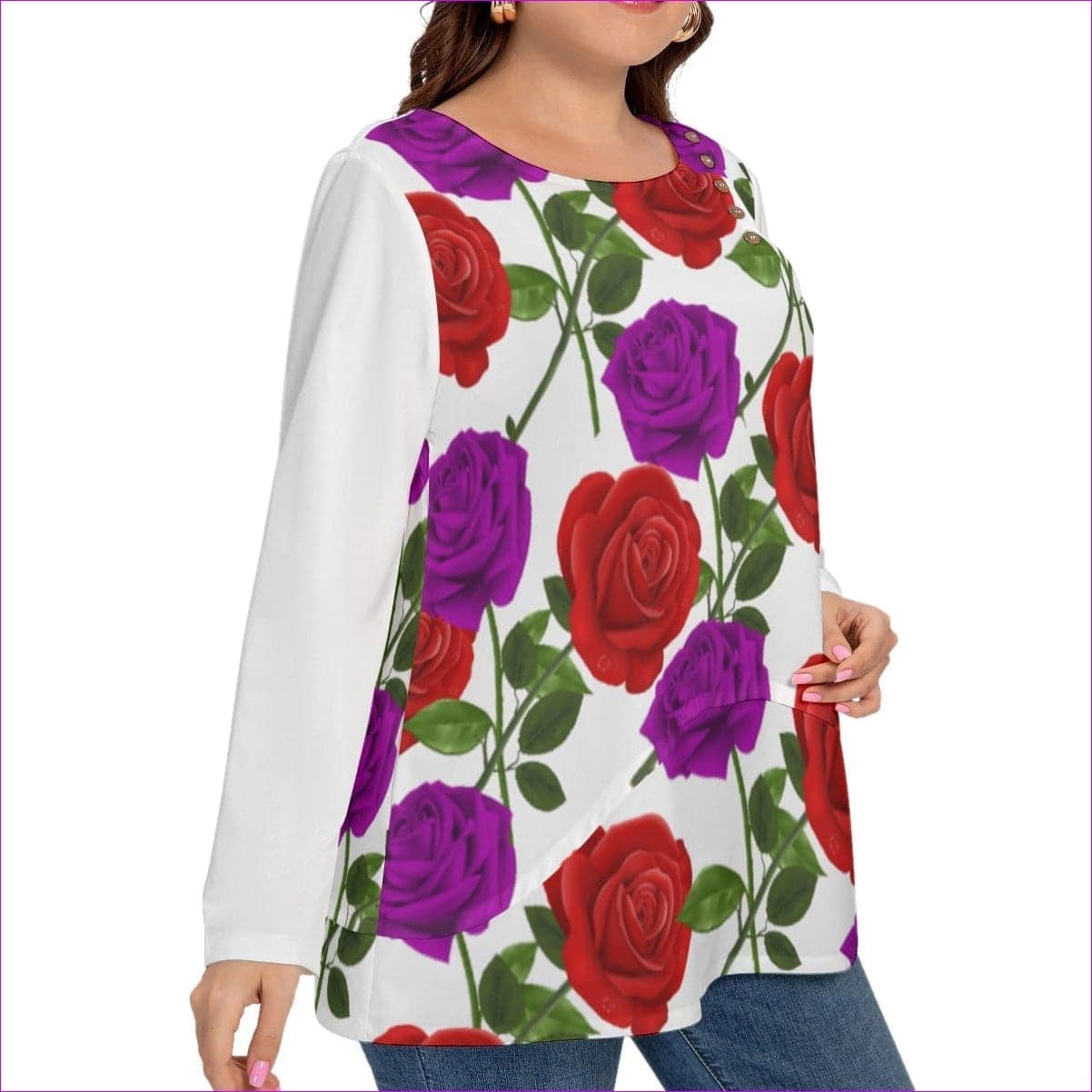 Red Rose Purp Women’s O-neck T-shirt With Decorative Buttons Voluptuous (+) Plus Size - women's top at TFC&H Co.