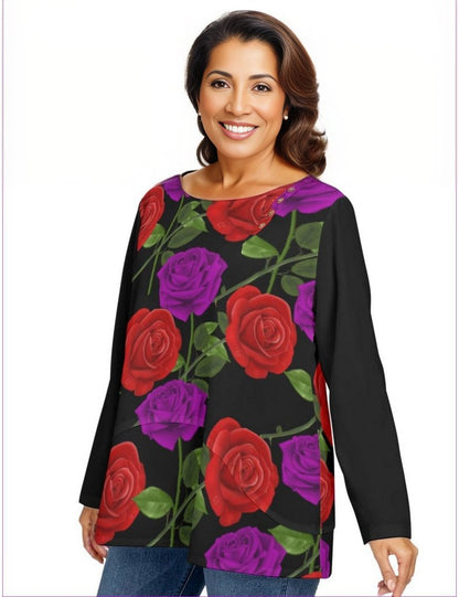 Red Rose Purp Women’s O-neck T-shirt With Decorative Buttons Voluptuous (+) Plus Size - women's top at TFC&H Co.