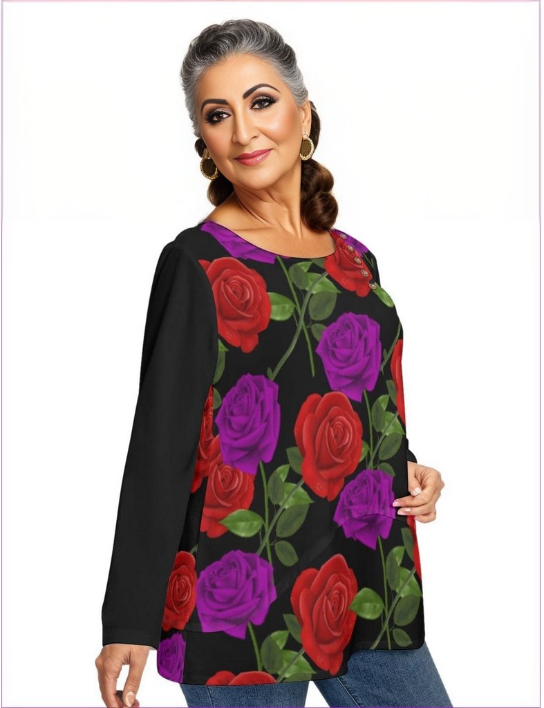 Black Red Rose Purp Women’s O-neck T-shirt With Decorative Buttons Voluptuous (+) Plus Size - women's top at TFC&H Co.