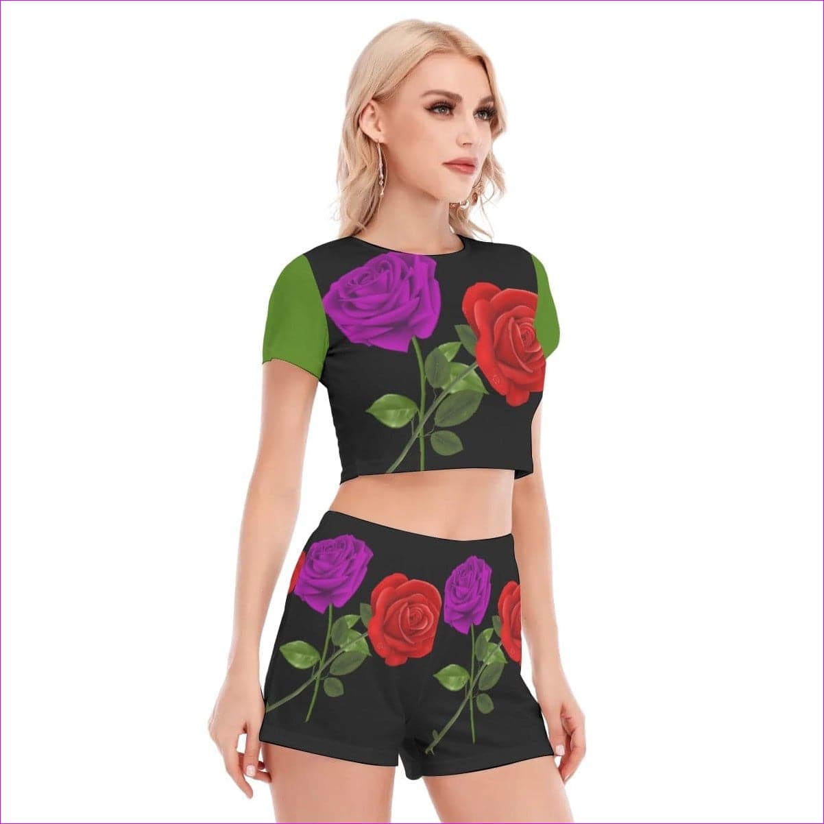 Black - Red Rose Purp Women's Short Sleeve Cropped Top Short Set - womens crop top & shorts set at TFC&H Co.
