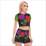 Black - Red Rose Purp Women's Short Sleeve Cropped Top Short Set - womens crop top & shorts set at TFC&H Co.