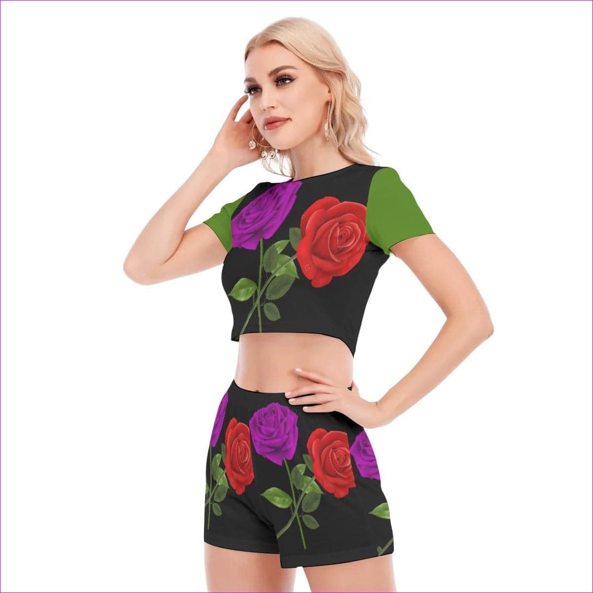 Red Rose Purp Women's Short Sleeve Cropped Top Short Set - women's crop top & shorts set at TFC&H Co.