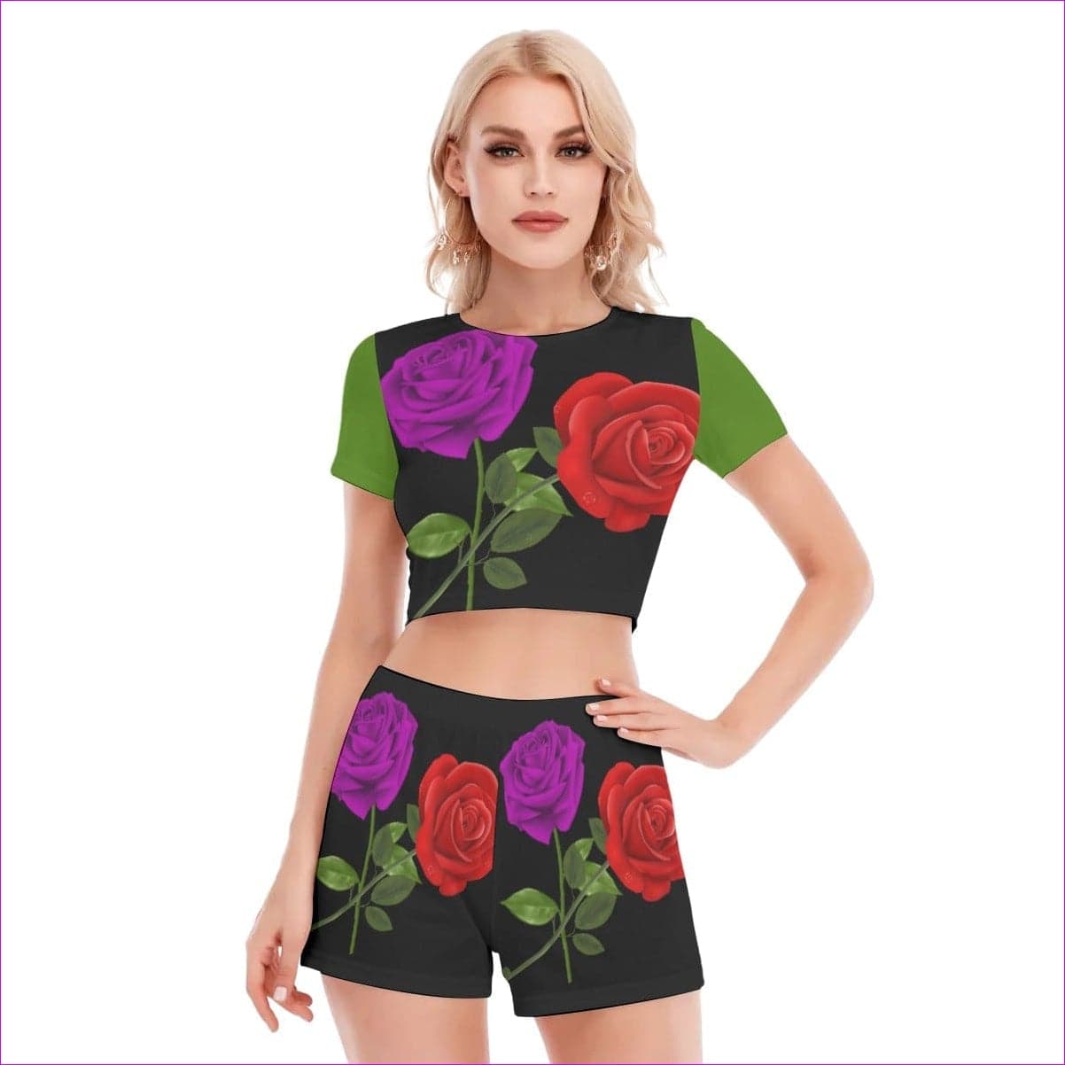Red Rose Purp Women's Short Sleeve Cropped Top Short Set - women's crop top & shorts set at TFC&H Co.