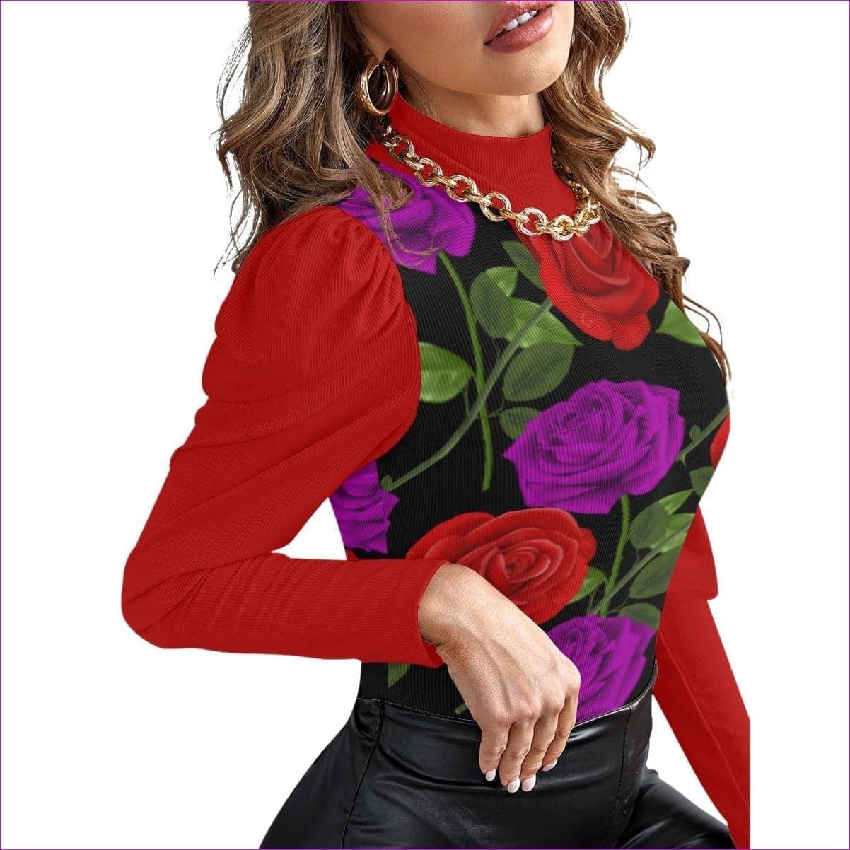 - Red Rose Purp Women's Turtleneck Bodysuit With Puff Sleeve - womens bodysuit at TFC&H Co.
