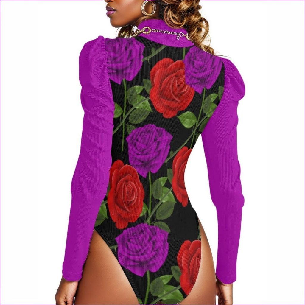 - Red Rose Purp Women's Turtleneck Bodysuit With Purple Puff Sleeve - womens bodysuit at TFC&H Co.