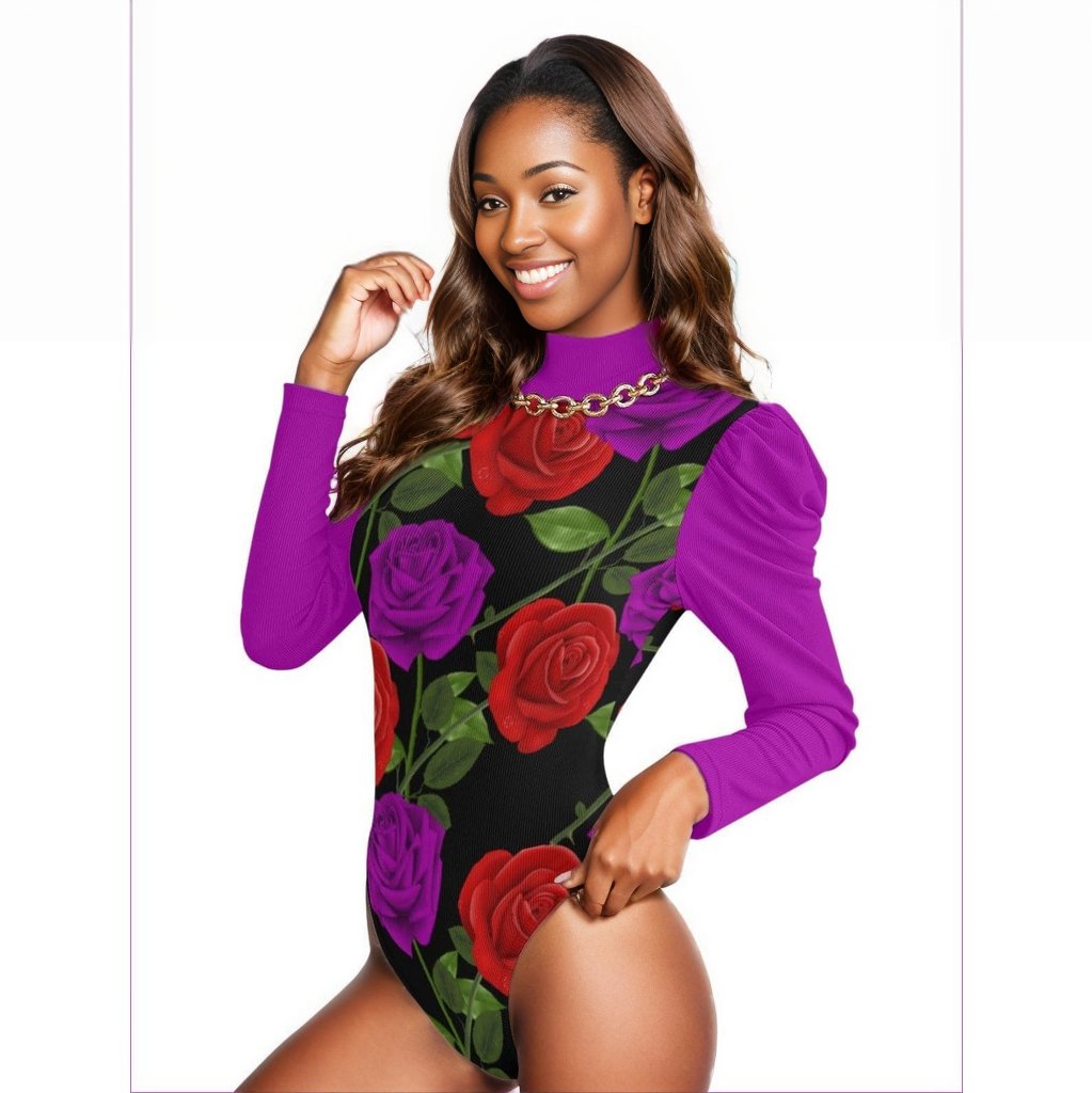 - Red Rose Purp Women's Turtleneck Bodysuit With Purple Puff Sleeve - womens bodysuit at TFC&H Co.