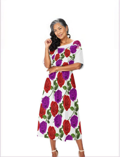 Red Rose Purp Women's White Elastic Waist Dress - women's dress at TFC&H Co.