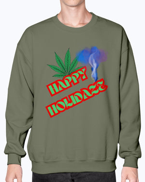 Military Green - Happy Holidaze Weed 2 Gildan Crewneck Christmas Sweatshirt - Unisex Sweatshirt at TFC&H Co.