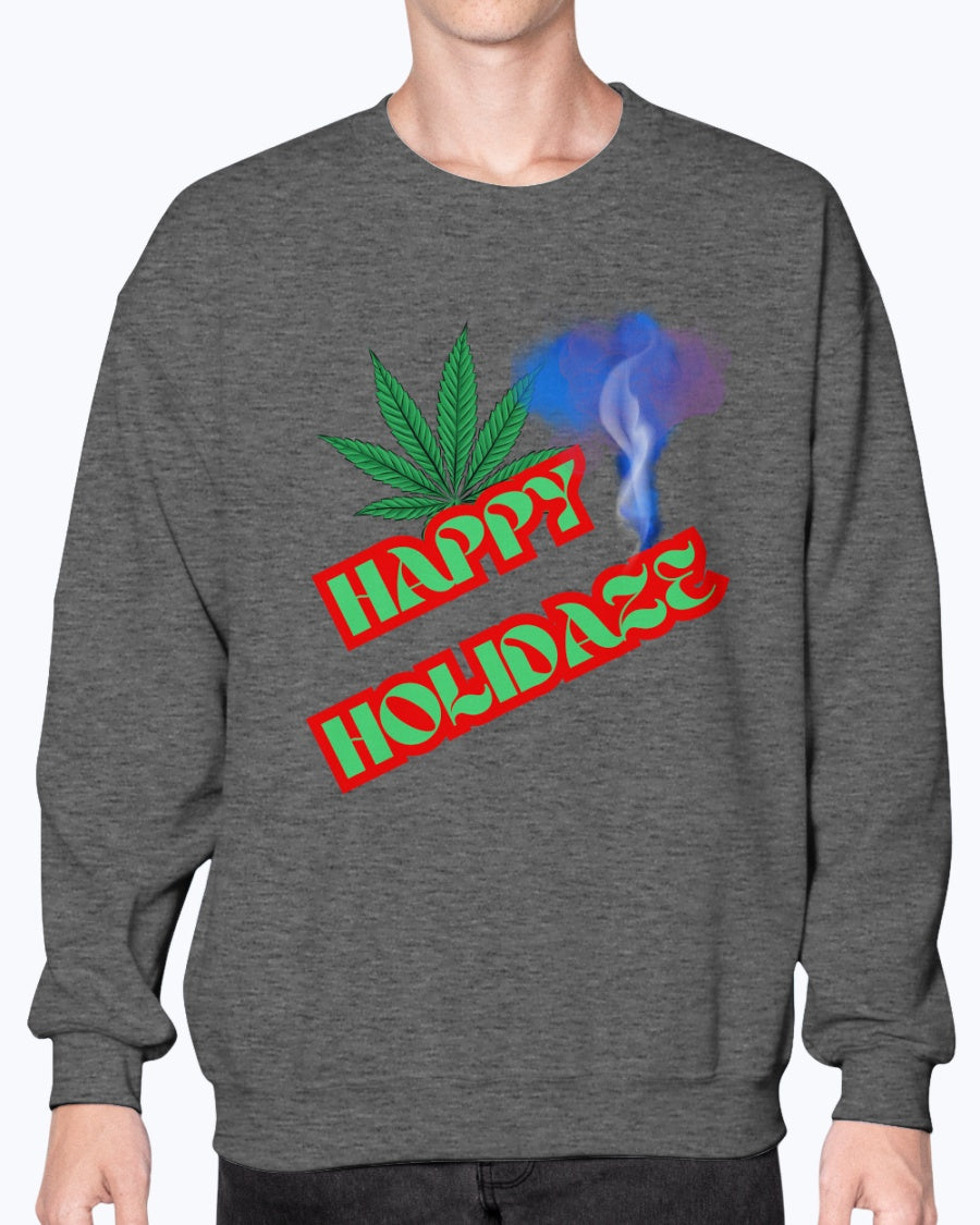 Dark Heather - Happy Holidaze Weed 2 Gildan Crewneck Christmas Sweatshirt - Unisex Sweatshirt at TFC&H Co.