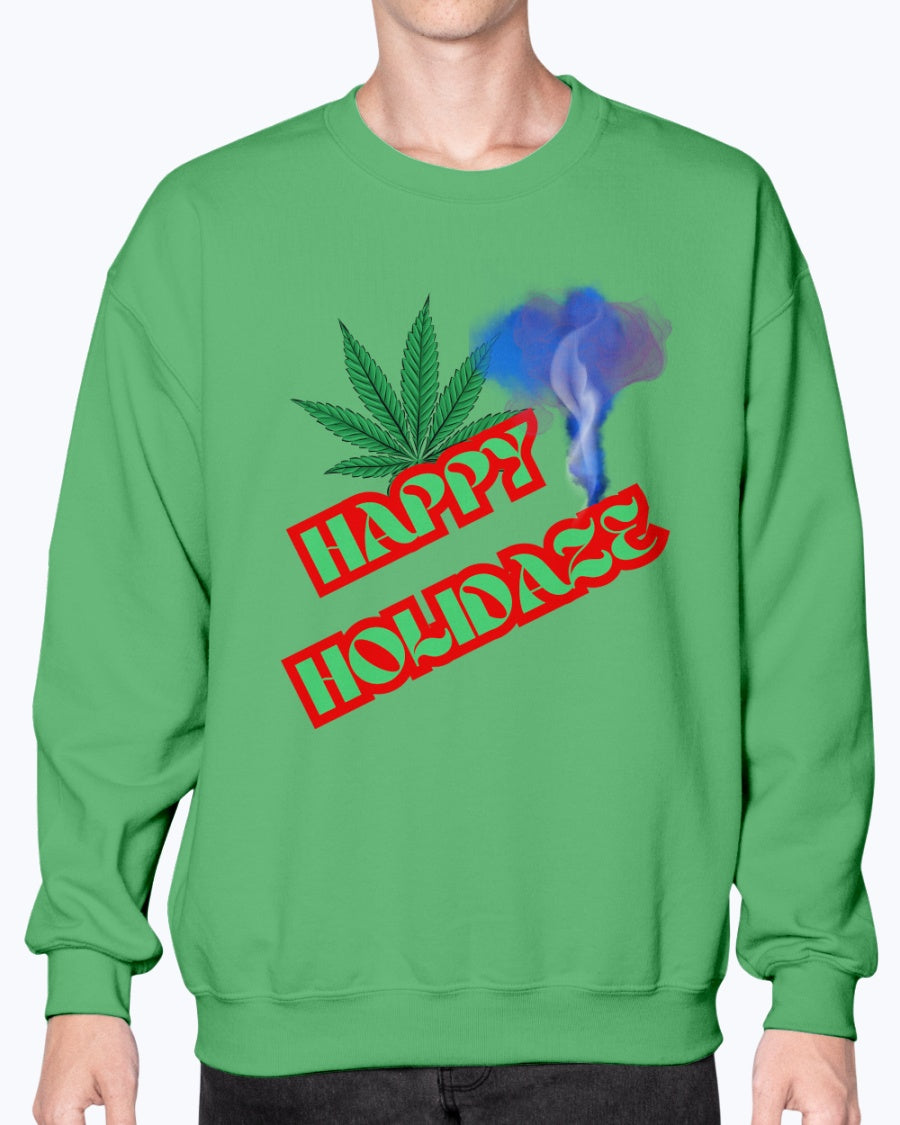 Irish Green - Happy Holidaze Weed 2 Gildan Crewneck Christmas Sweatshirt - Unisex Sweatshirt at TFC&H Co.
