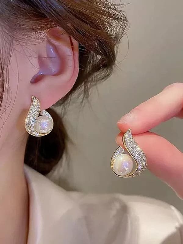 Rhinestone & Faux Pearl Decor Stud Earrings - earrings at TFC&H Co.