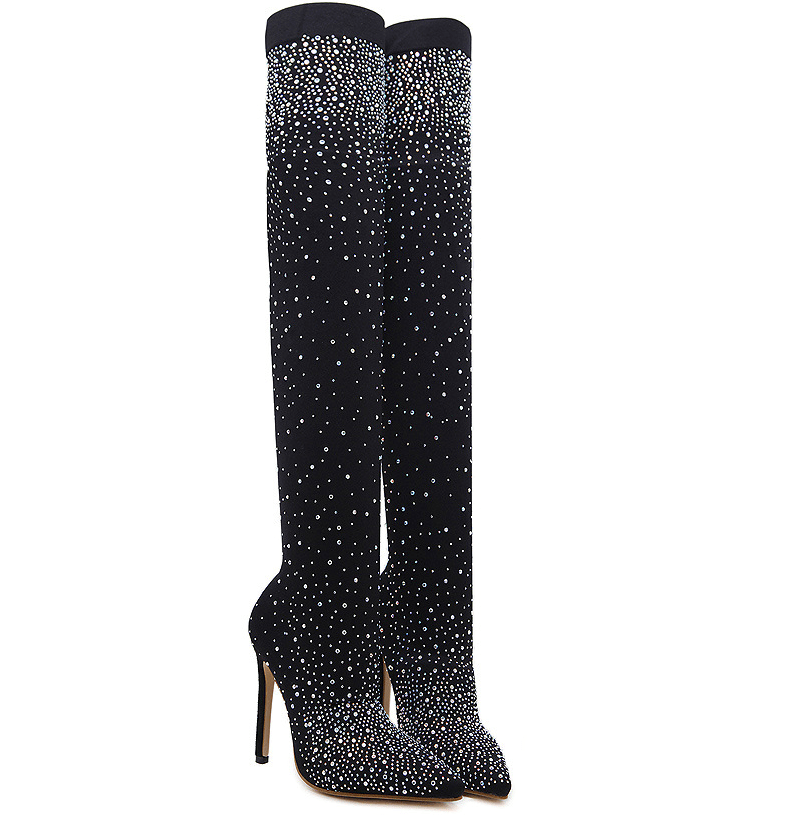 Black - Rhinestone Stiletto Knee High Boots - womens boots at TFC&H Co.
