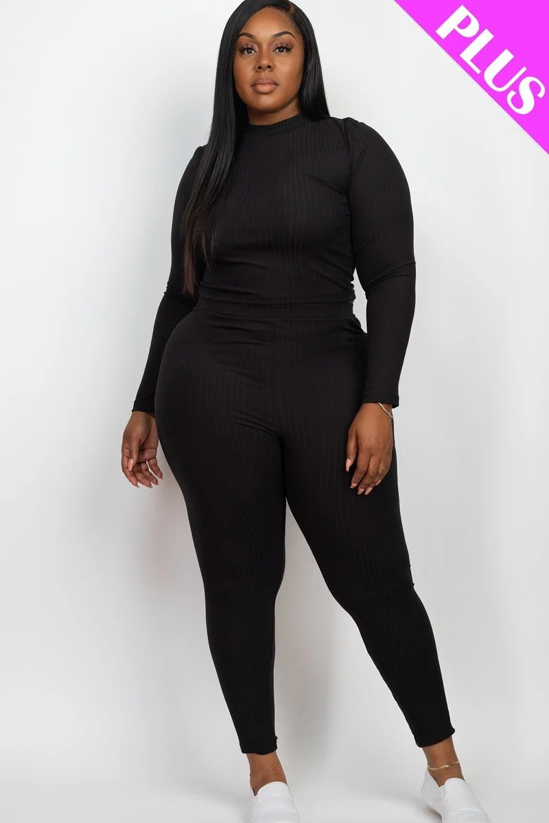 BLACK - Ribbed Mock Neck Long Sleeve Top & Leggings Set Voluptuous (+) Plus Size - Ships from The US - womens top & legging set at TFC&H Co.