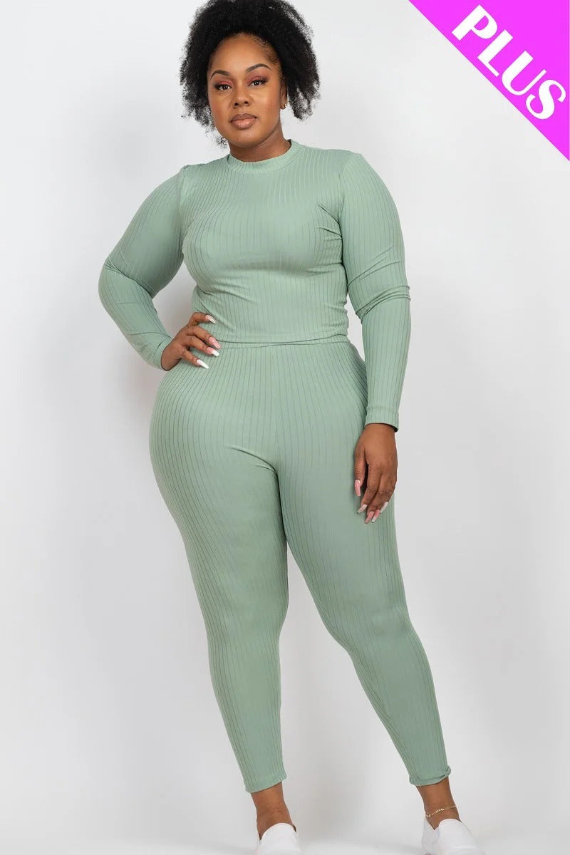 GREEN BAY - Ribbed Mock Neck Long Sleeve Top & Leggings Set Voluptuous (+) Plus Size - Ships from The US - womens top & legging set at TFC&H Co.