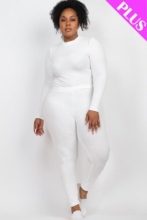 WHITE - Ribbed Mock Neck Long Sleeve Top & Leggings Set Voluptuous (+) Plus Size - Ships from The US - womens top & legging set at TFC&H Co.