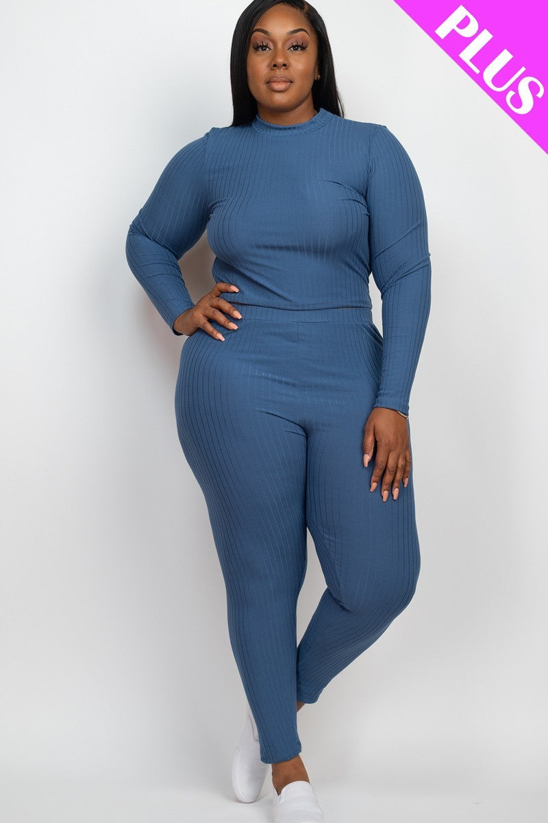 BLUE HAZE - Ribbed Mock Neck Long Sleeve Top & Leggings Set Voluptuous (+) Plus Size - Ships from The US - womens top & legging set at TFC&H Co.