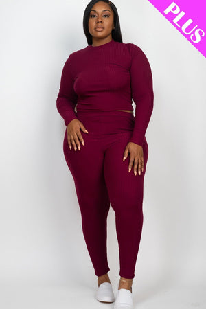 BURGUNDY - Ribbed Mock Neck Long Sleeve Top & Leggings Set Voluptuous (+) Plus Size - Ships from The US - womens top & legging set at TFC&H Co.