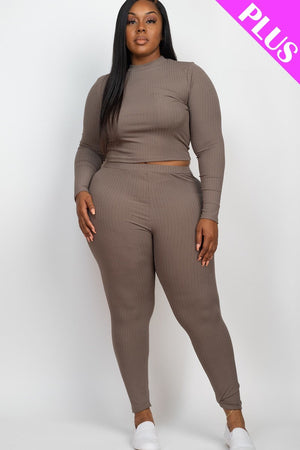 TAUPE - Ribbed Mock Neck Long Sleeve Top & Leggings Set Voluptuous (+) Plus Size - Ships from The US - womens top & legging set at TFC&H Co.