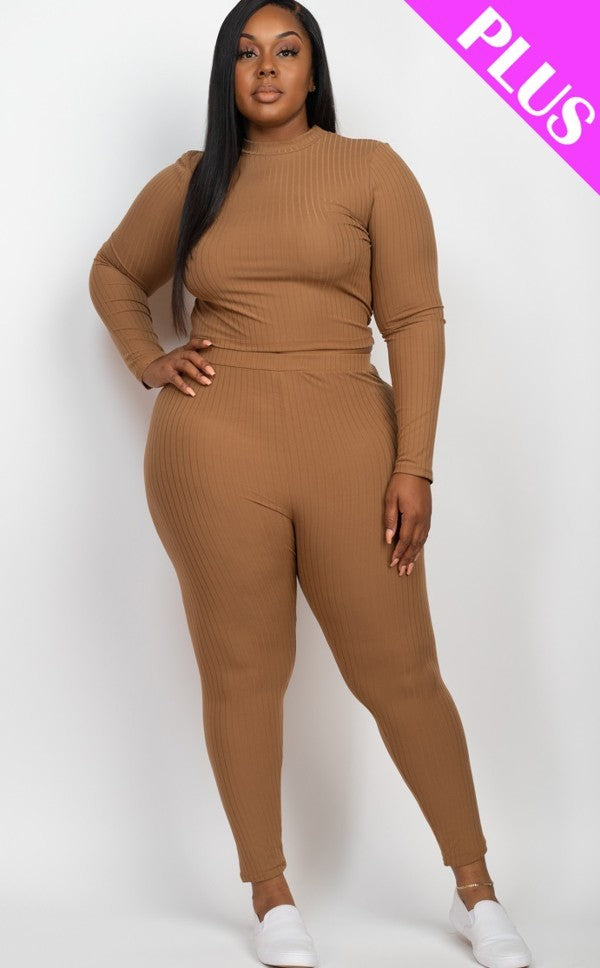 MOCHA - Ribbed Mock Neck Long Sleeve Top & Leggings Set Voluptuous (+) Plus Size - Ships from The US - womens top & legging set at TFC&H Co.
