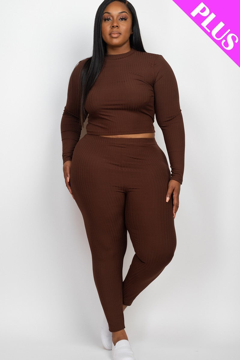 - Ribbed Mock Neck Long Sleeve Top & Leggings Set Voluptuous (+) Plus Size - Ships from The US - womens top & legging set at TFC&H Co.