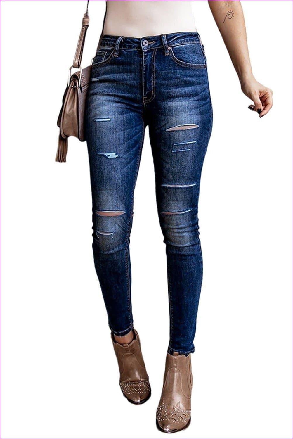 Blue - Ripped High Rise Ankle Length Skinny Jeans - womens jeans at TFC&H Co.