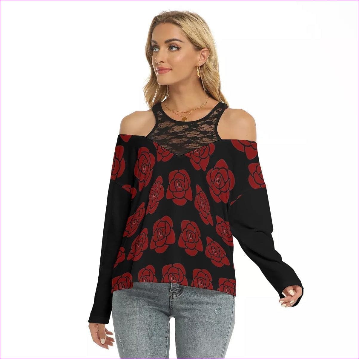 - Rose Women's Lace Mesh Cold Shoulder Long Sleeves Blouse - womens blouse at TFC&H Co.