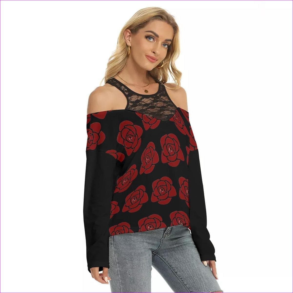 black - Rose Women's Lace Mesh Cold Shoulder Long Sleeves Blouse - womens blouse at TFC&H Co.