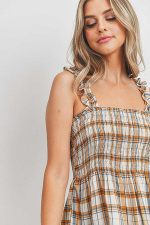- Ruffle Strap Smocked Peplum Plaid Halter Top - Ships from The US - womens halter top at TFC&H Co.