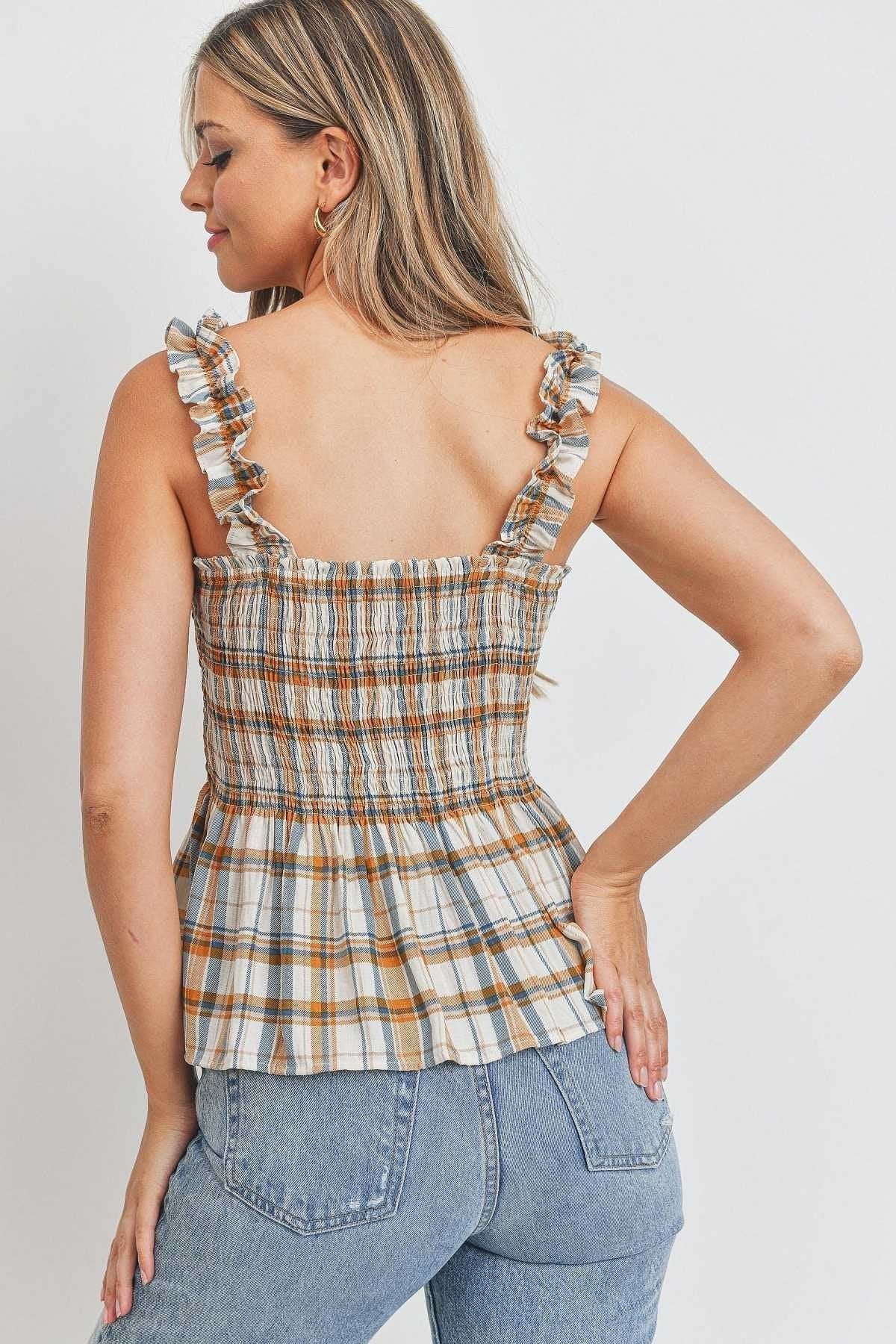 - Ruffle Strap Smocked Peplum Plaid Halter Top - Ships from The US - womens halter top at TFC&H Co.