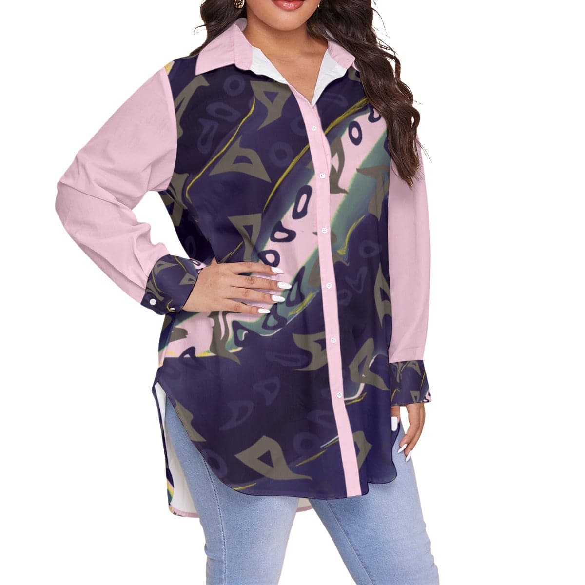Pink Runaway Women's Button-Up Shirt With Long Sleeves Voluptuous (+) Plus Size - women's button-up shirt at TFC&H Co.