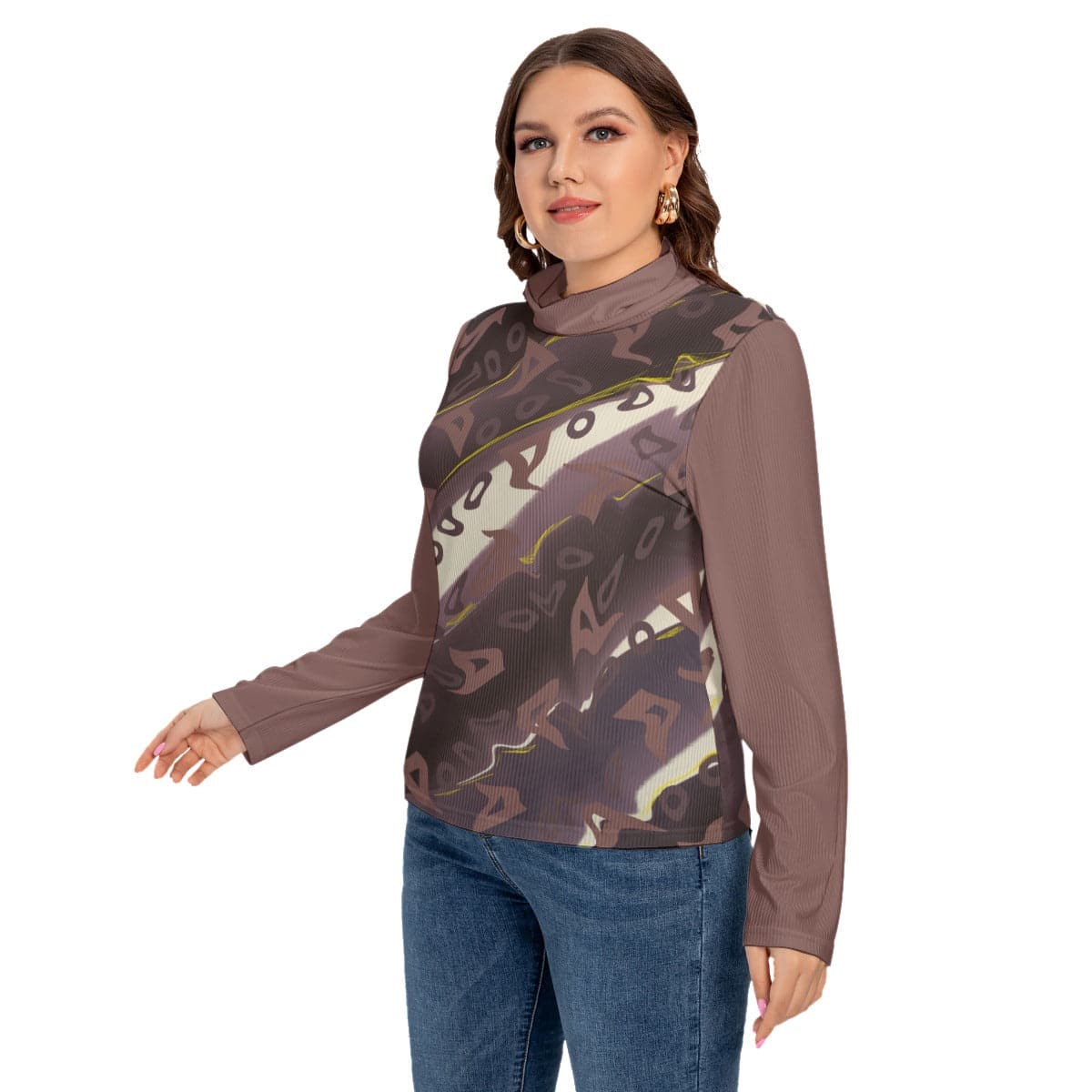 Multi-colored Runaway Women's Turtleneck Shirt With Long Sleeve Voluptuous (+)Plus Size - women's shirt at TFC&H Co.