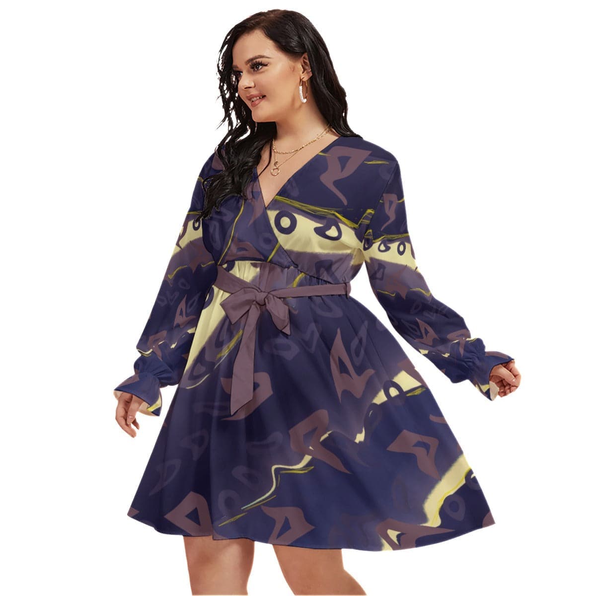 Multi-colored Runaway Women's V-neck Dress With Waistband Voluptuous (+) Plus Size - women's dress at TFC&H Co.