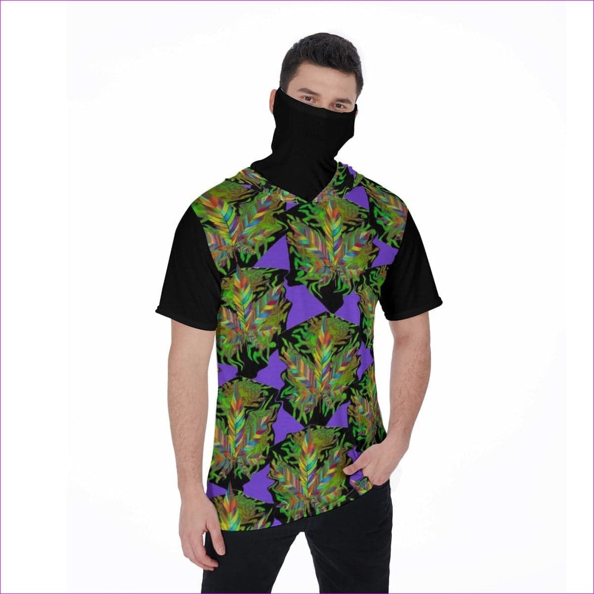Black Sativa Men's T-Shirt With Mask (Weed Clothing) - men's t-shirt with hood & mask at TFC&H Co.
