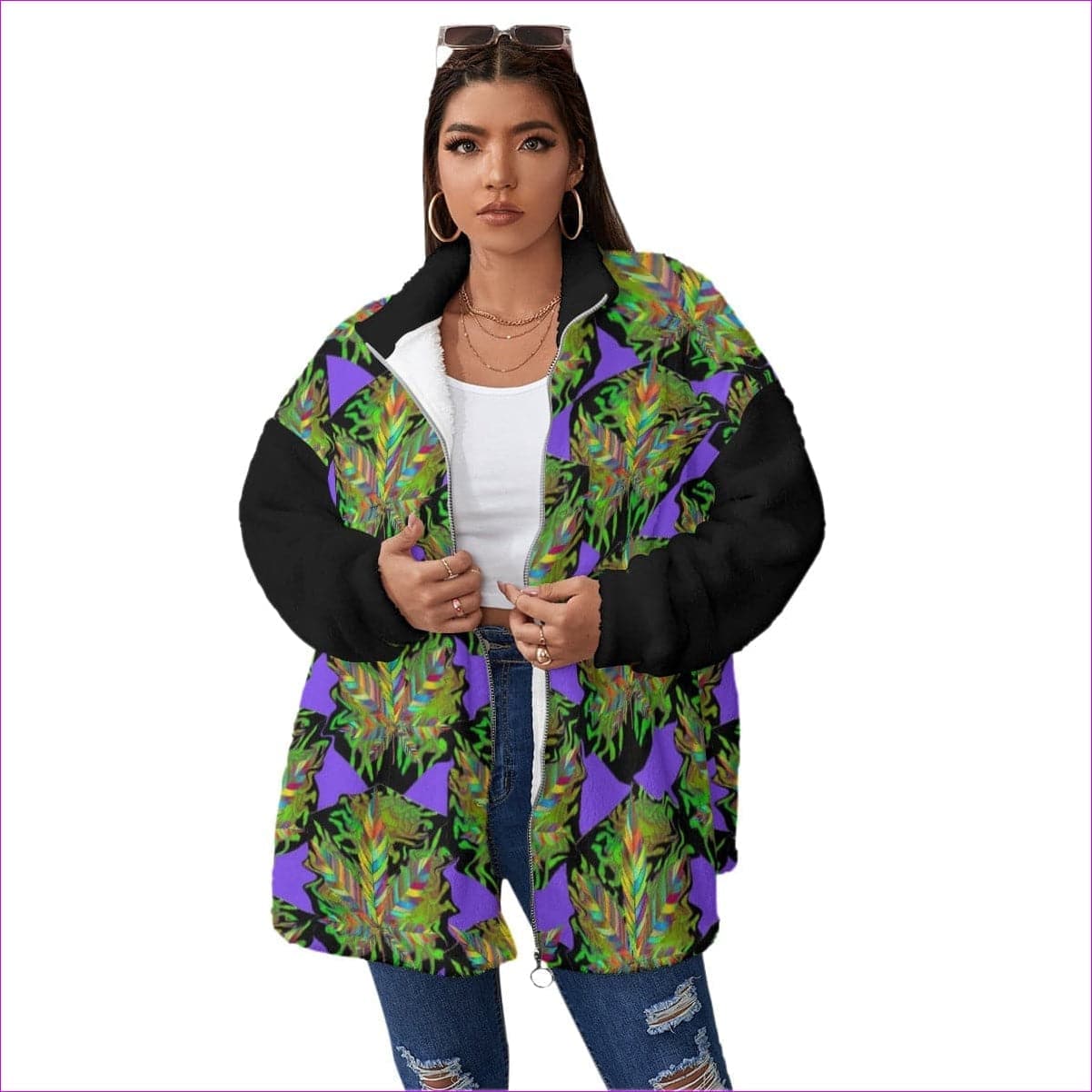 multi-colored Sativa Women's Borg Fleece Stand-up Collar Coat With Zipper Closure Volupruous (+) Plus Size (Weed Clothing) - women's coat at TFC&H Co.