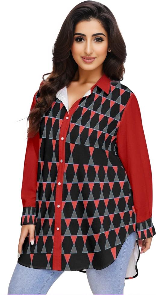 red Scaled Women's Button-Up Shirt With Long Sleeve Voluptuous (+) Plus Size - women's button-up shirt at TFC&H Co.