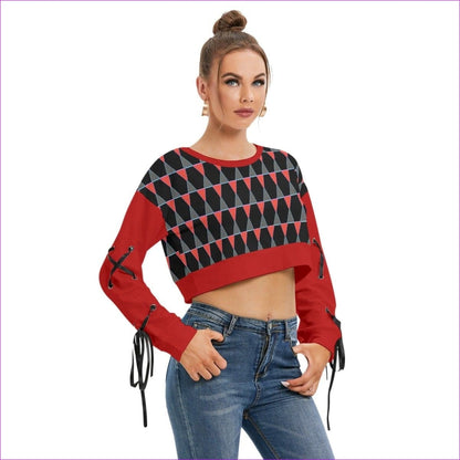 red Scaled Women's Lace Up Long Sleeve Cropped Sweatshirt - women's sweatshirt at TFC&H Co.