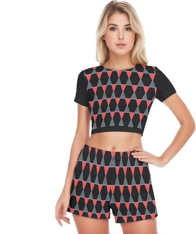 Black Scaled Women's & Teen's Short Sleeve Cropped Top Short Set - women's crop top & shorts set at TFC&H Co.