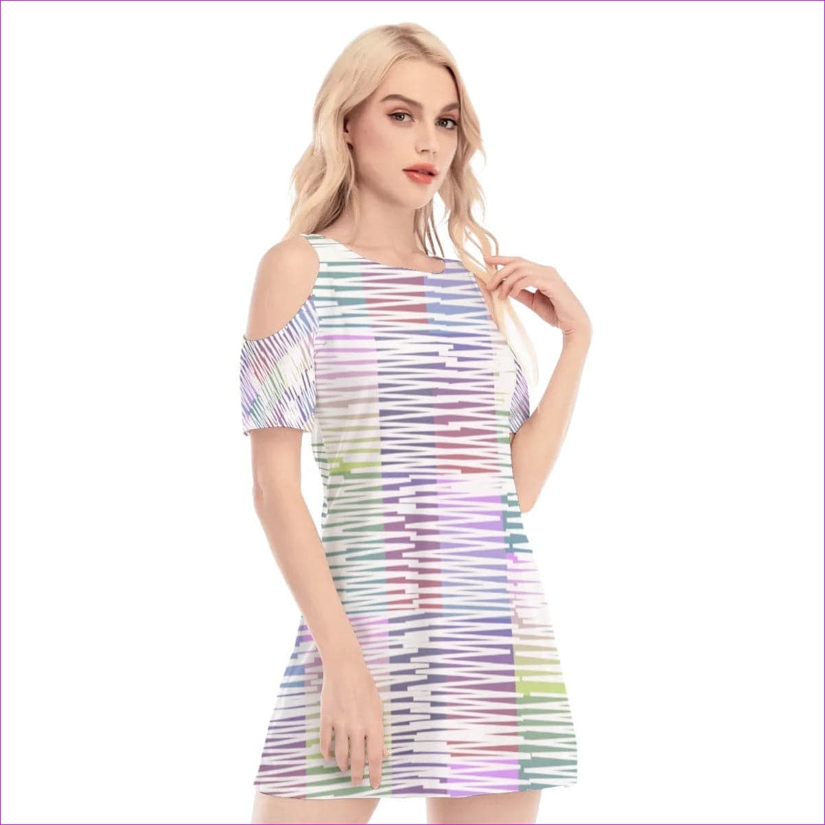 White - Scribbled Women's & Teen's Cold Shoulder O-neck Dress - womens dress at TFC&H Co.