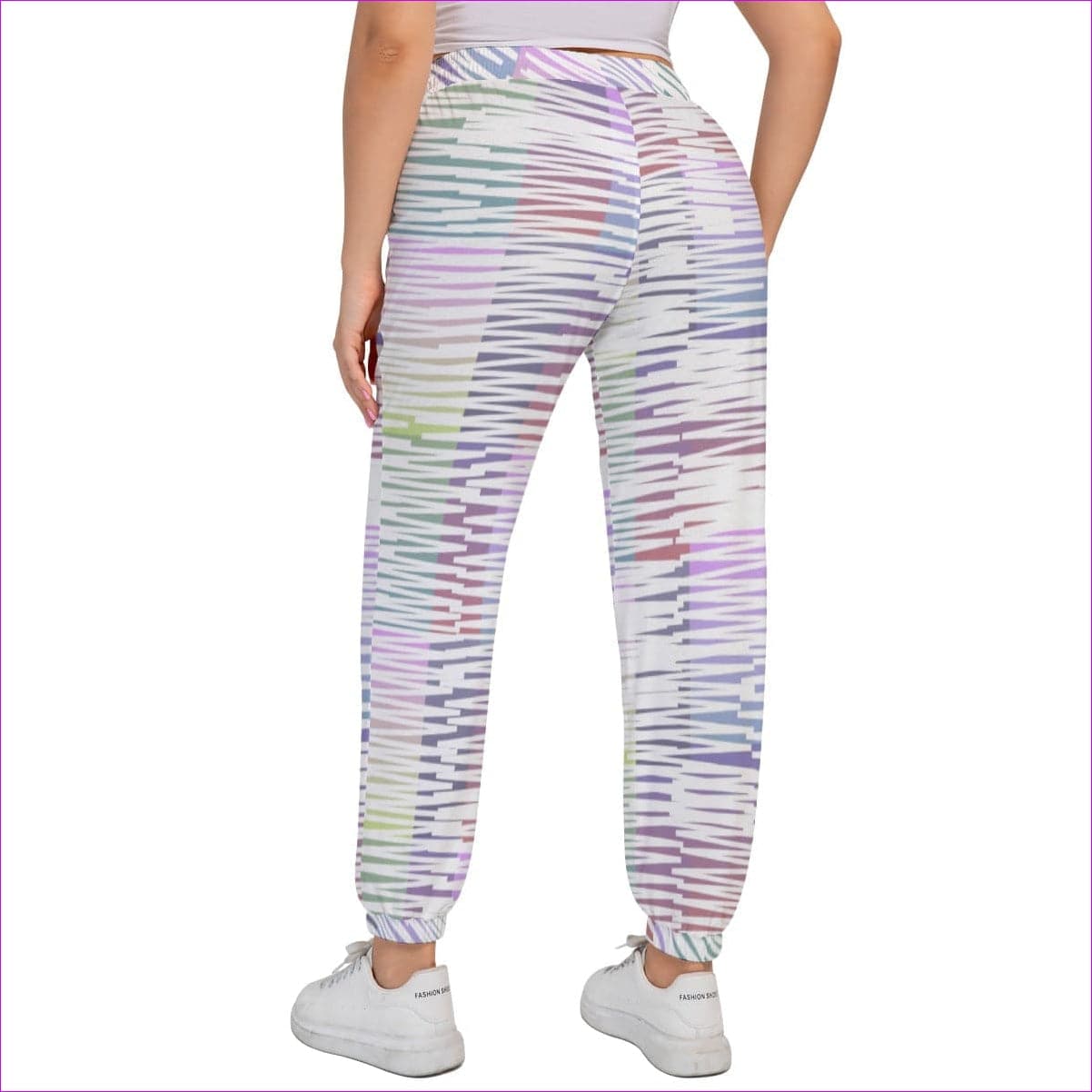 White Scribbled Women's Sports Trousers With Drawstring Voluptuous (+) Plus Size - women's pants at TFC&H Co.