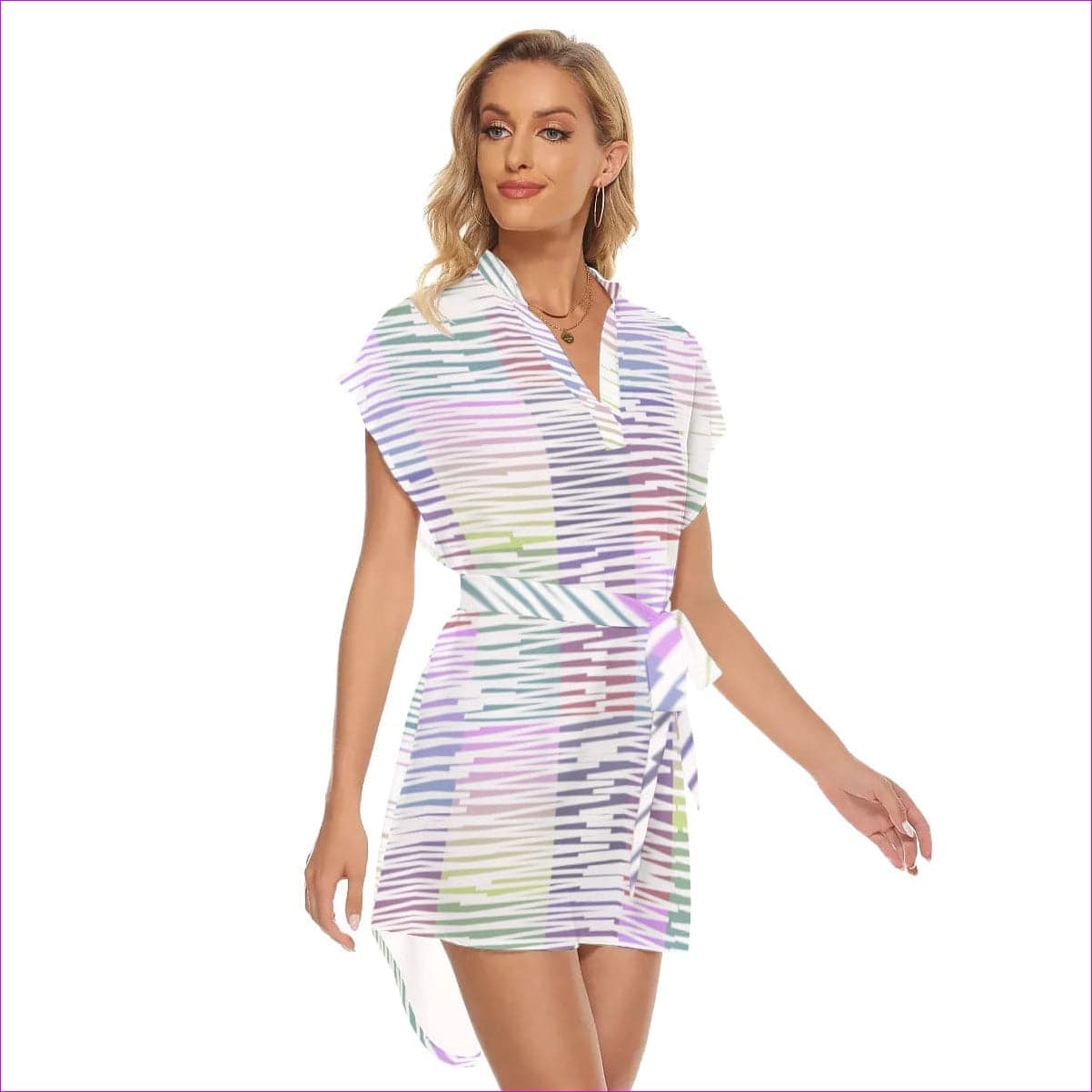 - Scribbled Women's Stand-up Collar Casual Dress With Belt - womens shirt dress at TFC&H Co.
