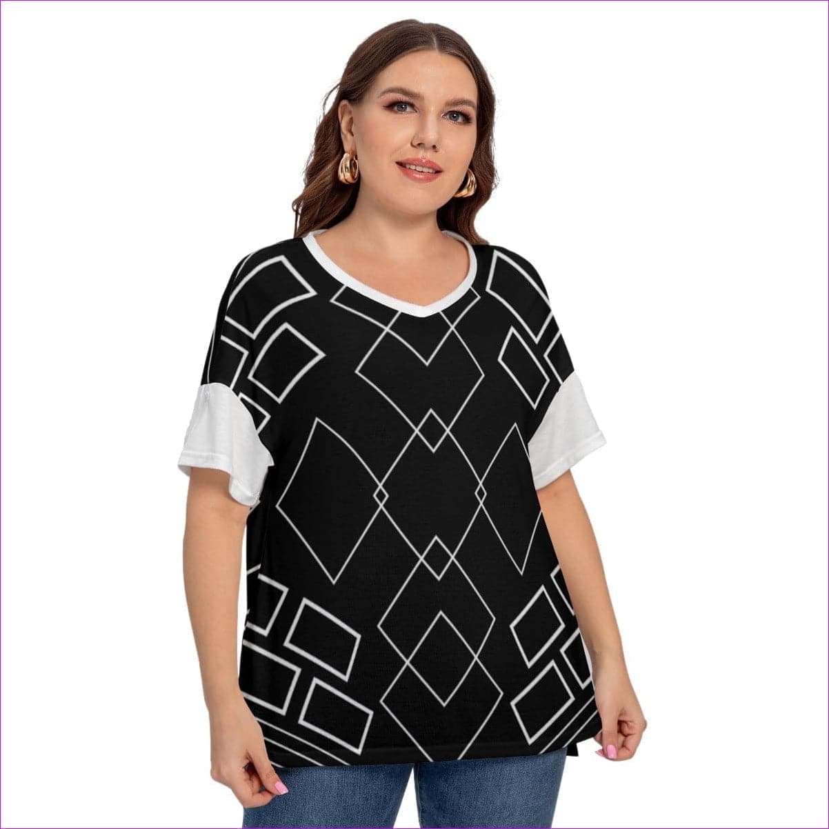 Black Shaped Out Women's Black Drop-shoulder Short Sleeve T-shirt With Sleeve Loops Plus Size - women's t-shirt at TFC&H Co.